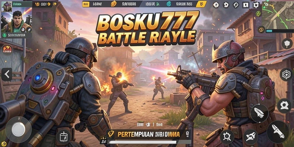 Screenshot gameplay seru dari BOSKU777 dalam pertempuran Battle Royale.