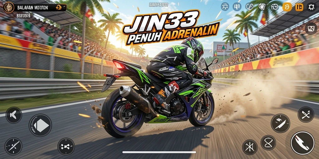 Screenshot gameplay JIN33 yang menampilkan aksi balapan motor yang seru.