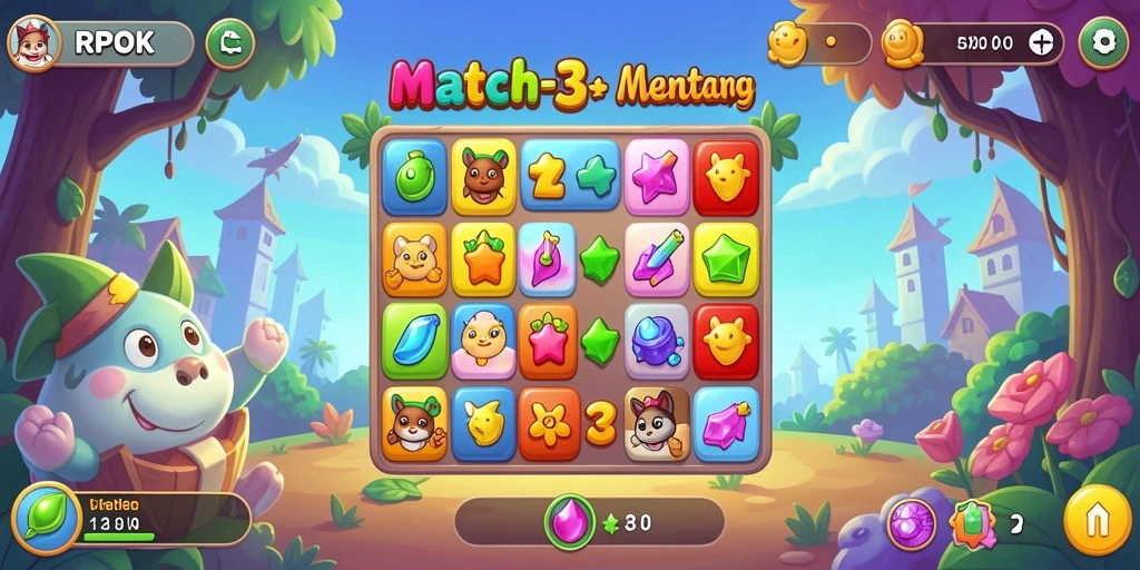 Screenshot menunjukkan gameplay seru RPOK dengan elemen Match-3.