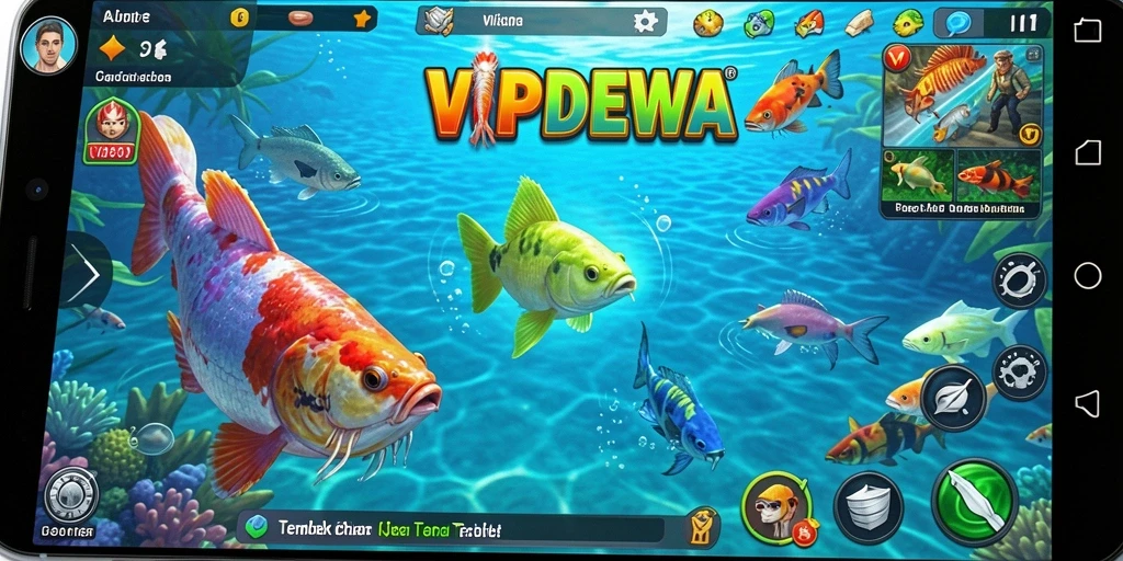 Tampilan gameplay VIPDEWA dengan berbagai ikan menarik dan senjata.