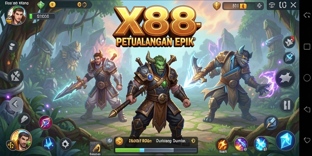 Tangkapan layar utama X88 menunjukkan aksi seru dalam pertarungan RPG.